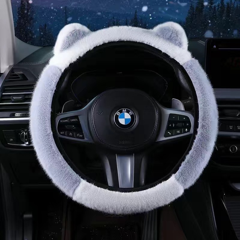 Καλύμμα τιμονιού από συνθετικό βελούδο με σχέδιο αυτιών, χειμερινό, κατάλληλο για όλα τα αυτοκίνητα, γλυκό στυλ (Υλικό: συνθετικό βελούδο; Εποχή: χειμώνας; Εγκατάσταση: καθολική; Στυλ: γλυκό)