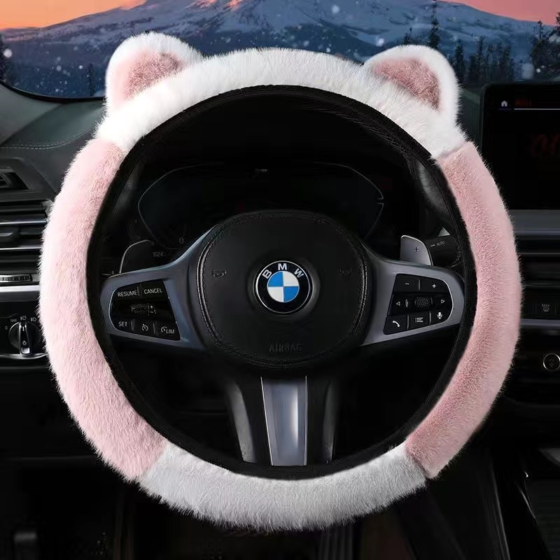Καλύμμα τιμονιού από συνθετικό βελούδο με σχέδιο αυτιών, χειμερινό, κατάλληλο για όλα τα αυτοκίνητα, γλυκό στυλ (Υλικό: συνθετικό βελούδο; Εποχή: χειμώνας; Εγκατάσταση: καθολική; Στυλ: γλυκό)