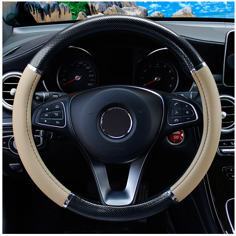 Κάλυμμα τιμονιού με υφή ανθρακονήματος και μοτίβο ξύλου ροδάκινου, συνθετικό δέρμα, αθλητικό στυλ, κατάλληλο για όλα τα οχήματα
