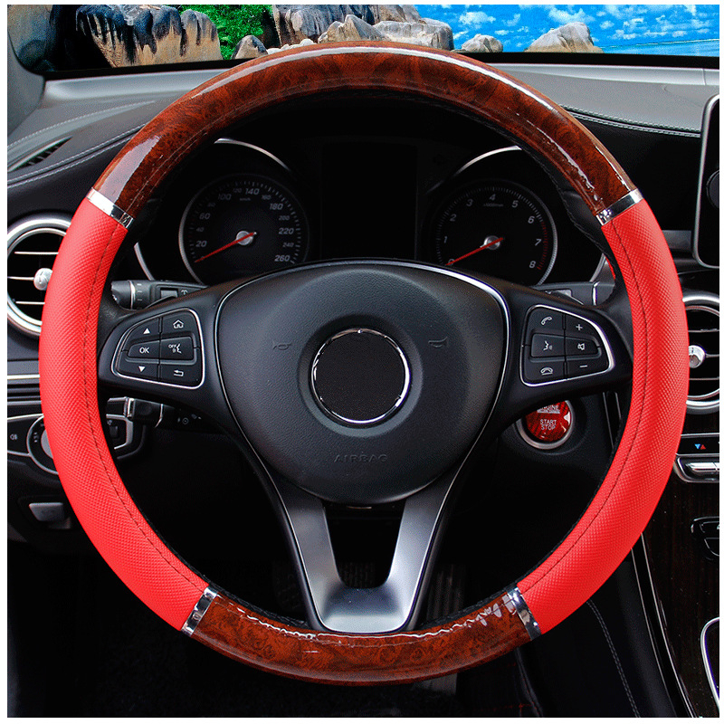 Κάλυμμα τιμονιού με υφή ανθρακονήματος και μοτίβο ξύλου ροδάκινου, συνθετικό δέρμα, αθλητικό στυλ, κατάλληλο για όλα τα οχήματα