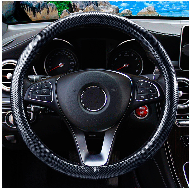 Κάλυμμα τιμονιού με υφή ανθρακονήματος και μοτίβο ξύλου ροδάκινου, συνθετικό δέρμα, αθλητικό στυλ, κατάλληλο για όλα τα οχήματα