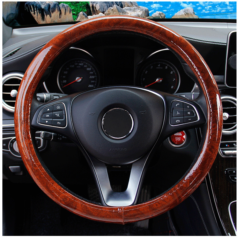 Κάλυμμα τιμονιού με υφή ανθρακονήματος και μοτίβο ξύλου ροδάκινου, συνθετικό δέρμα, αθλητικό στυλ, κατάλληλο για όλα τα οχήματα