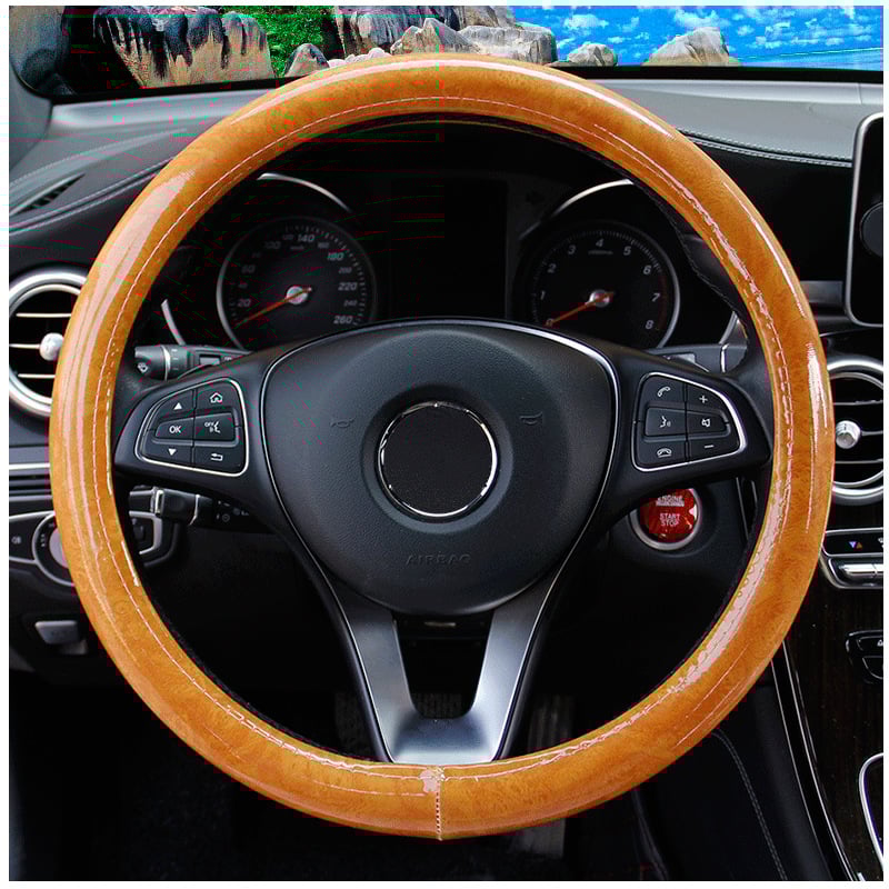 Κάλυμμα τιμονιού με υφή ανθρακονήματος και μοτίβο ξύλου ροδάκινου, συνθετικό δέρμα, αθλητικό στυλ, κατάλληλο για όλα τα οχήματα