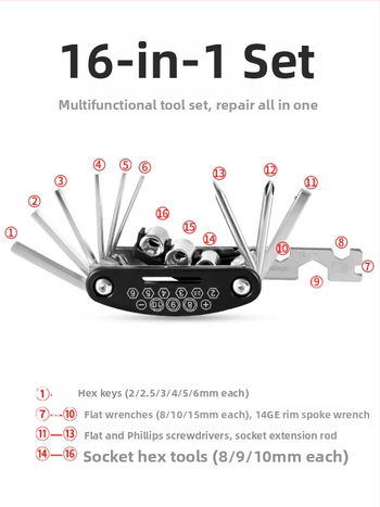16-σε-1 εργαλείο επισκευής ποδηλάτου με αναδιπλούμενο σχεδιασμό και μεταλλική κατασκευή