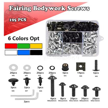 Σετ βιδών φάρινγκ μοτοσικλέτας — αλουμινίου κράμα; περιλαμβάνει 155 τεμ. βίδες φάρινγκ, 177 τεμ. βίδες φάρινγκ και 195 τεμ. σετ φάρινγκ βιδών