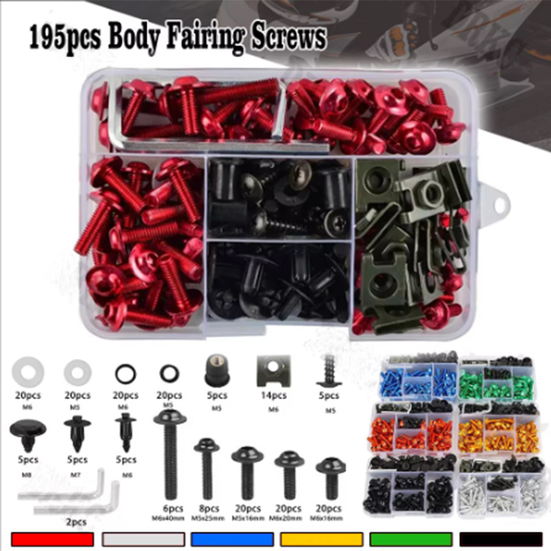 Σετ βιδών φάρινγκ μοτοσικλέτας — αλουμινίου κράμα; περιλαμβάνει 155 τεμ. βίδες φάρινγκ, 177 τεμ. βίδες φάρινγκ και 195 τεμ. σετ φάρινγκ βιδών