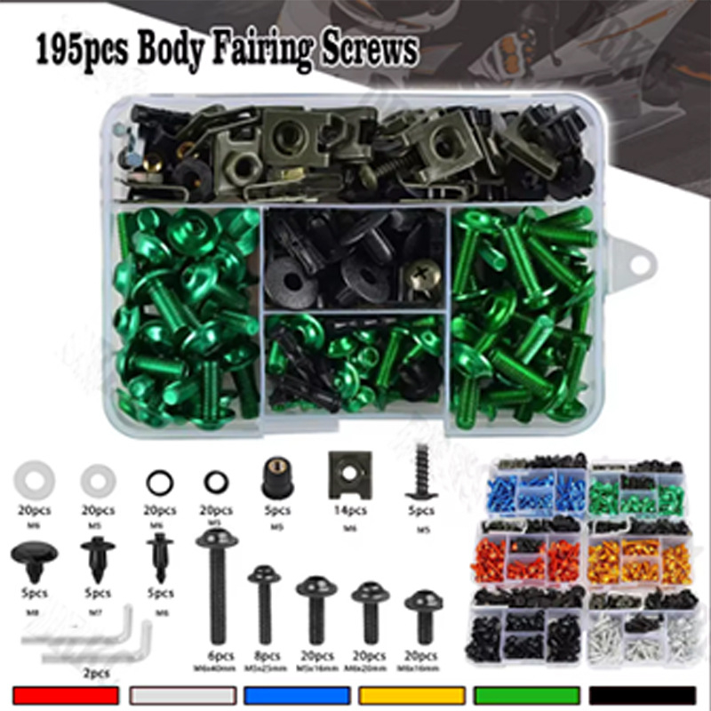 Set vijaka za karoseriju motocikla — aluminijski spoj; uključuje 155 kom. vijaka za karoseriju, 177 kom. vijaka za karoseriju i 195 kom. set vijaka karoserije