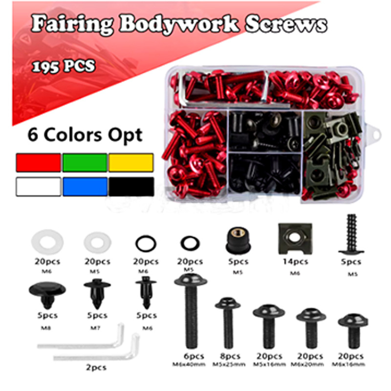 Set vijaka za karoseriju motocikla — aluminijski spoj; uključuje 155 kom. vijaka za karoseriju, 177 kom. vijaka za karoseriju i 195 kom. set vijaka karoserije
