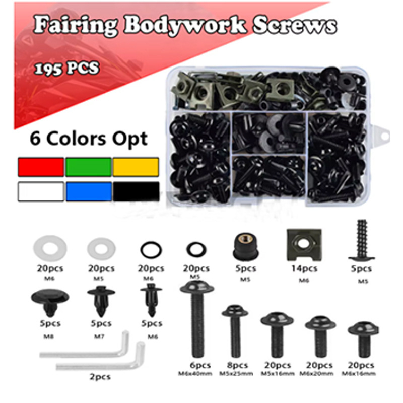 Set vijaka za karoseriju motocikla — aluminijski spoj; uključuje 155 kom. vijaka za karoseriju, 177 kom. vijaka za karoseriju i 195 kom. set vijaka karoserije