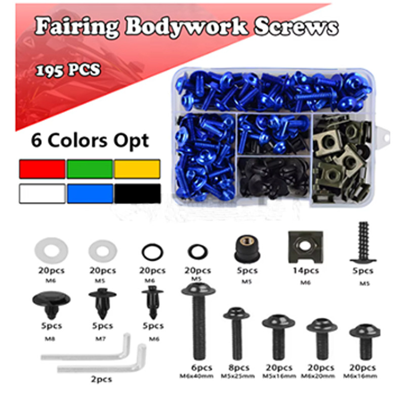 Set vijaka za karoseriju motocikla — aluminijski spoj; uključuje 155 kom. vijaka za karoseriju, 177 kom. vijaka za karoseriju i 195 kom. set vijaka karoserije