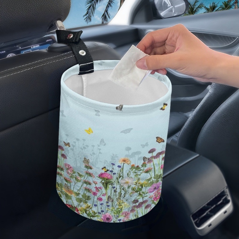 Coș de gunoi auto atârnat, poliester, potrivire universală, imprimare logo personalizabilă, design imprimabil cu model floral
