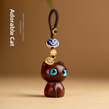 Ξύλινο κλειδί αυτοκινήτου με γάτα - Σανταλόξυλο και μωβ σανδαλόξυλο, αλυσίδα τηλεφώνου και μενταγιόν τσάντας