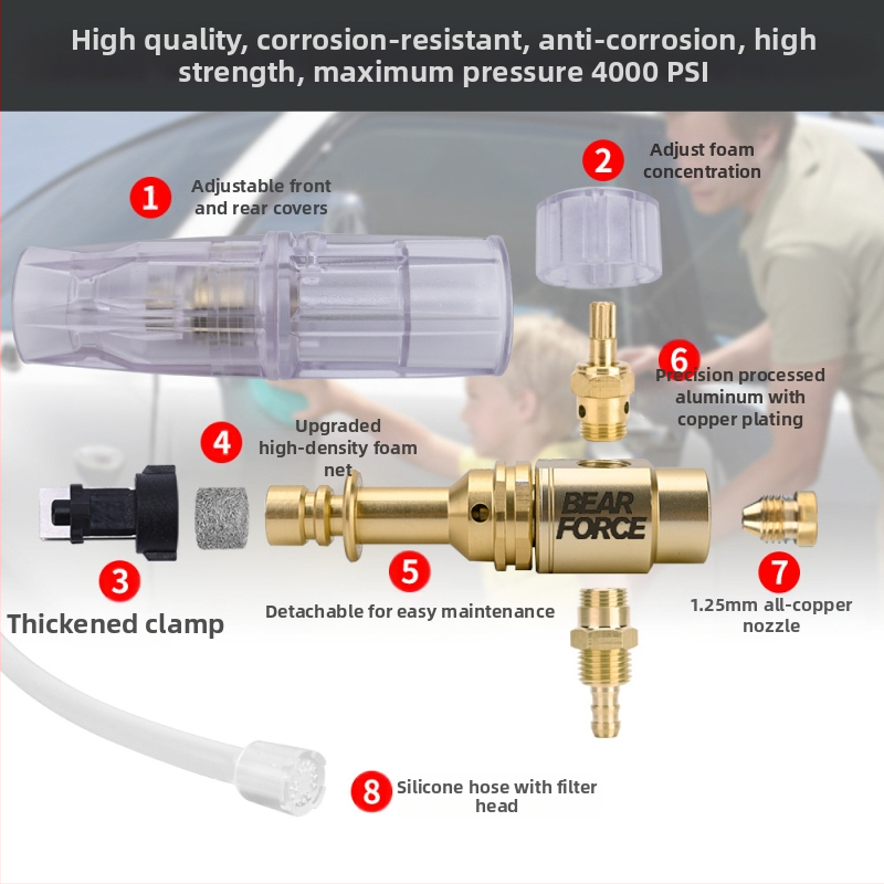 Дюза за пяна с високо налягане за миене на автомобили – медно покрита алуминиева конструкция, пластмасов компонент; разстояние на пръскане 2 м; 276 bar / 4000 psi; тегло 0,4 кг; размери 16×13×18 см