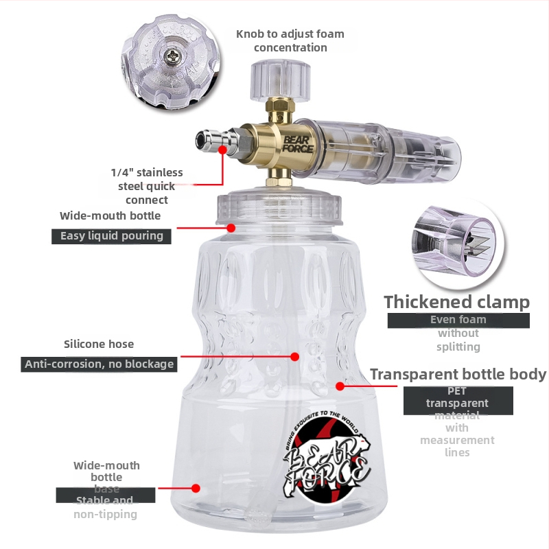 Дюза за пяна с високо налягане за миене на автомобили – медно покрита алуминиева конструкция, пластмасов компонент; разстояние на пръскане 2 м; 276 bar / 4000 psi; тегло 0,4 кг; размери 16×13×18 см