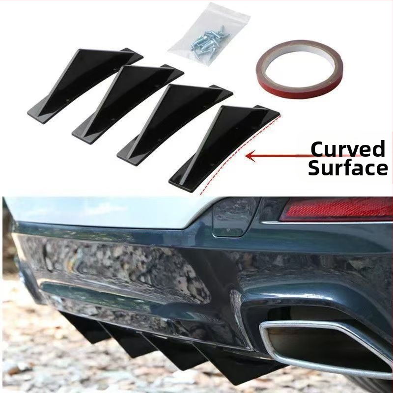 Automobilio kėbulo aerodinaminių dalių rinkinys: užpakalinis spoileris žuvies formos, užpakalinė lūpa, mažas apvalkų buferis ir važiuoklės difuzorius; pritaikymas galimas