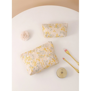 Козметична чанта от памук и лен с флорална бродерия, подплата от канва, преносима ръчна чанта за ежедневна употреба