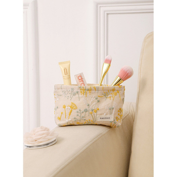 Козметична чанта от памук и лен с флорална бродерия, подплата от канва, преносима ръчна чанта за ежедневна употреба