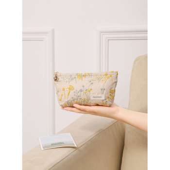 Козметична чанта от памук и лен с флорална бродерия, подплата от канва, преносима ръчна чанта за ежедневна употреба