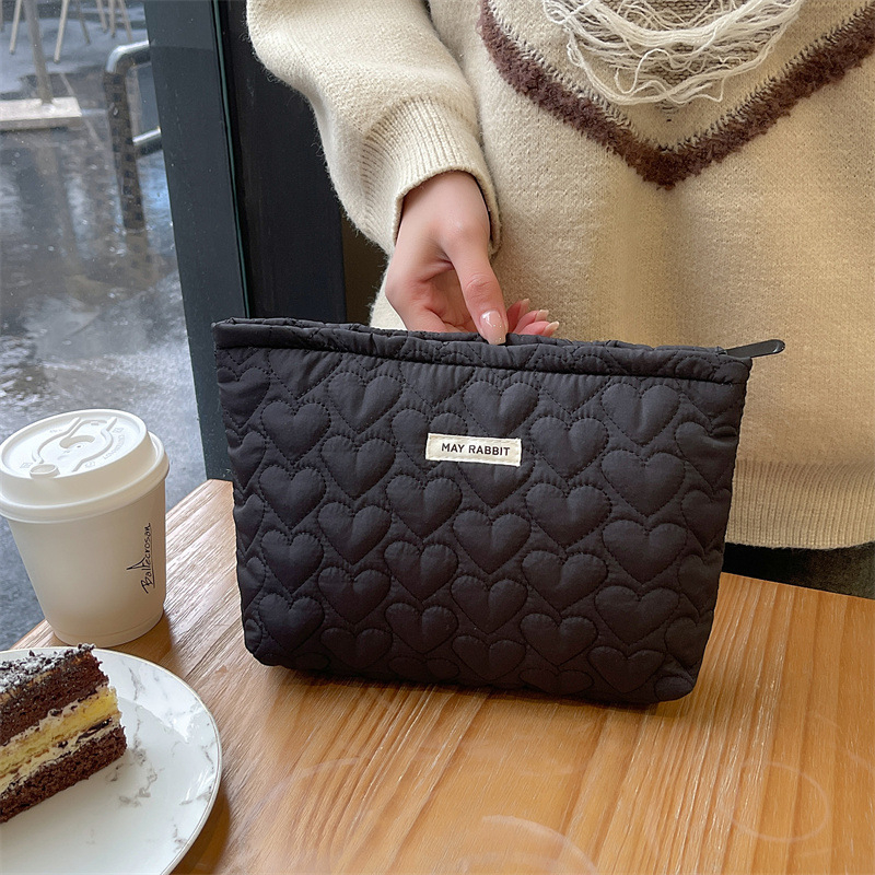 MAY RABBIT Geantă de machiaj din bumbac quilted, cu model geometric, căptușită cu pânză, de purtat ca geantă de toaletă