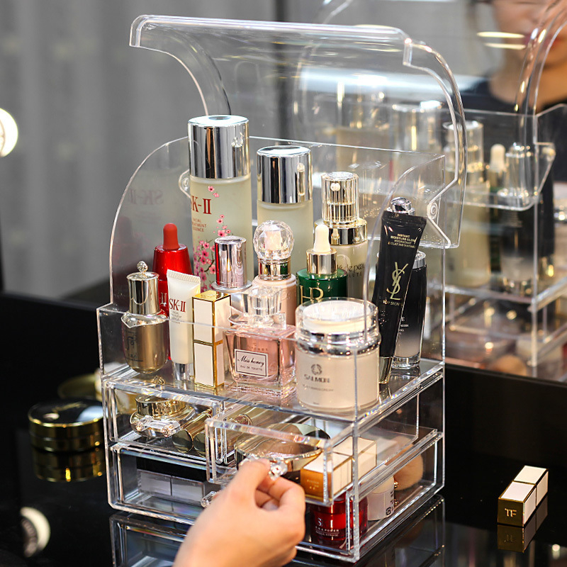 Áttetsző műanyag kozmetikai tároló fiókkal az asztali sminkasztalhoz