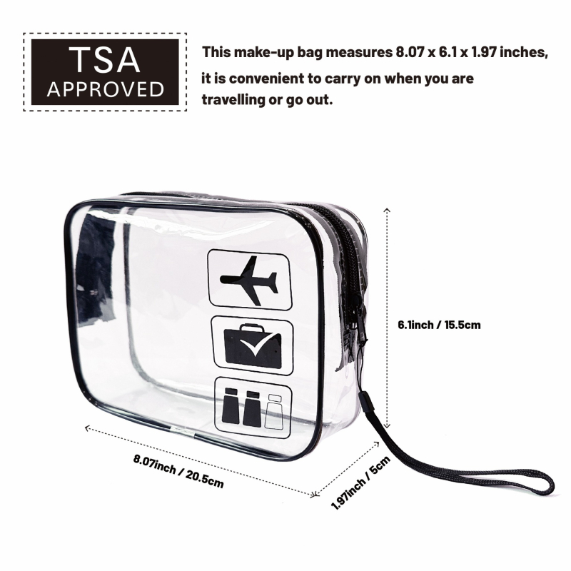 Skaidrus PVC kosmetinės krepšys su TPU, dviejų sluoksnių 60 Silk konstrukcija, užtrauktukas, kelionėms
