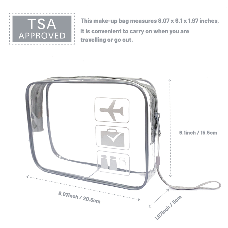 Skaidrus PVC kosmetinės krepšys su TPU, dviejų sluoksnių 60 Silk konstrukcija, užtrauktukas, kelionėms