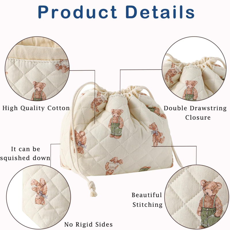 Geantă de cosmetic Zorro, design quilted cu urs, material din bumbac, căptușeală poliester, ultra-ușoară, extensibilă pentru depozitare