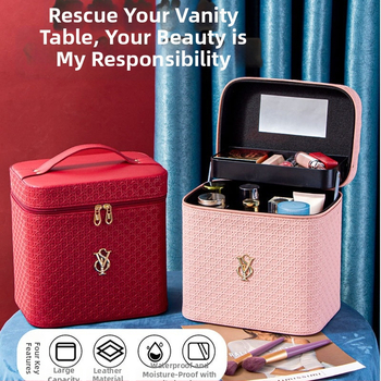 Φορητό καλλυντικό νεσεσέρ από PU δέρμα, γεωμετρικό μοτίβο, κλείσιμο με φερμουάρ, χειρολαβή, με επεκτειόμενο στρώμα