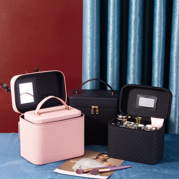 Φορητό καλλυντικό νεσεσέρ από PU δέρμα, γεωμετρικό μοτίβο, κλείσιμο με φερμουάρ, χειρολαβή, με επεκτειόμενο στρώμα