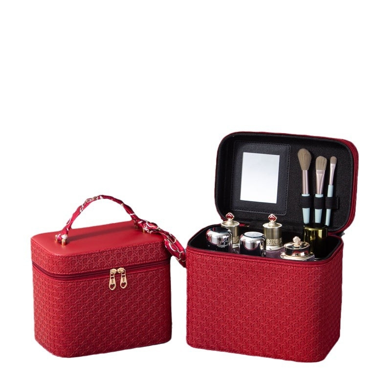 Prijenosna kozmetička torbica od PU kože, geometrijski uzorak, zatvaranje na zip, ručni dizajn, s proširivim slojem