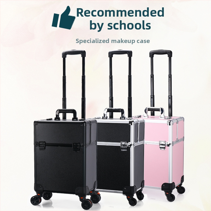 Телескопичен куфар за козметика с многоетажен дизайн, метално тяло, универсални колела, заключване с катинар, разширителен слой