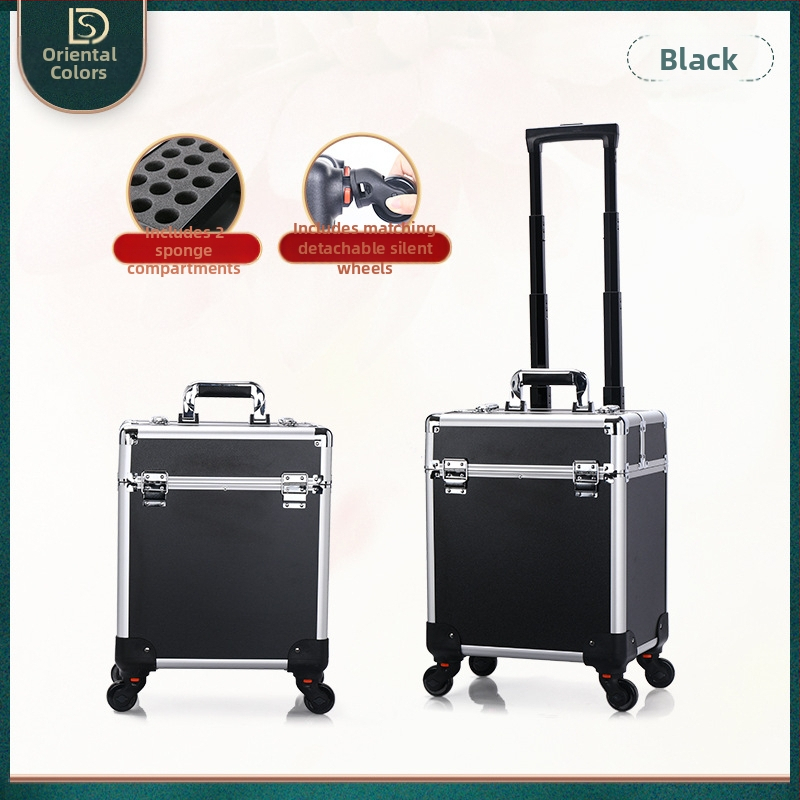 Kutija za šminku s vučnom ručkom, višeslojna konstrukcija, metalno tijelo, univerzalni kotačići, zaključavanje lokotom, proširivi sloj