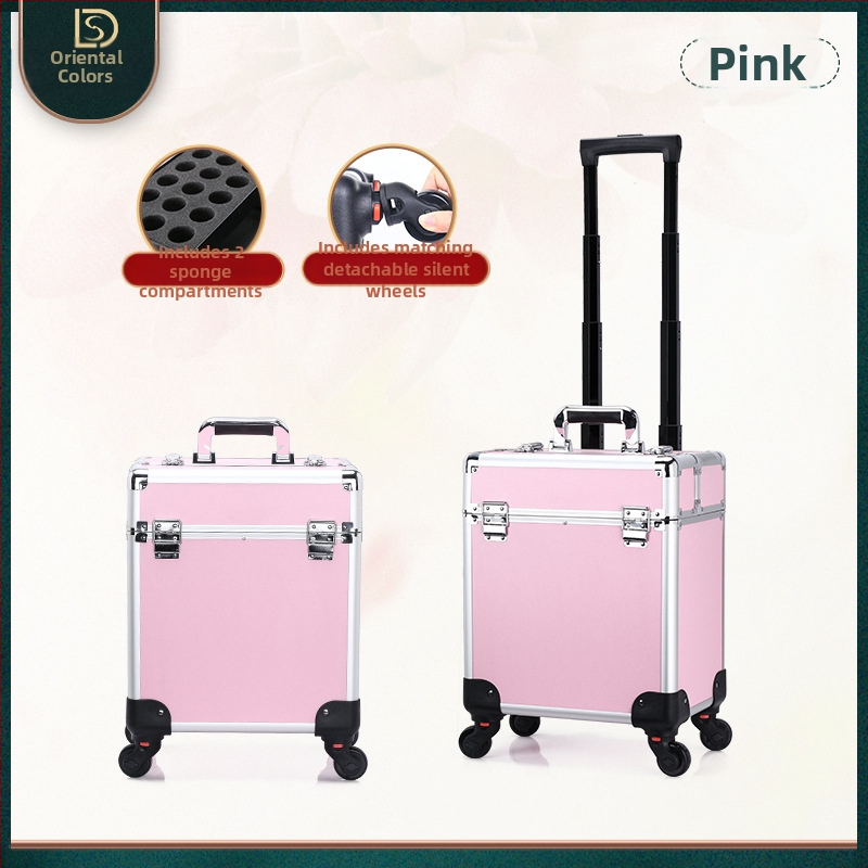 Kutija za šminku s vučnom ručkom, višeslojna konstrukcija, metalno tijelo, univerzalni kotačići, zaključavanje lokotom, proširivi sloj