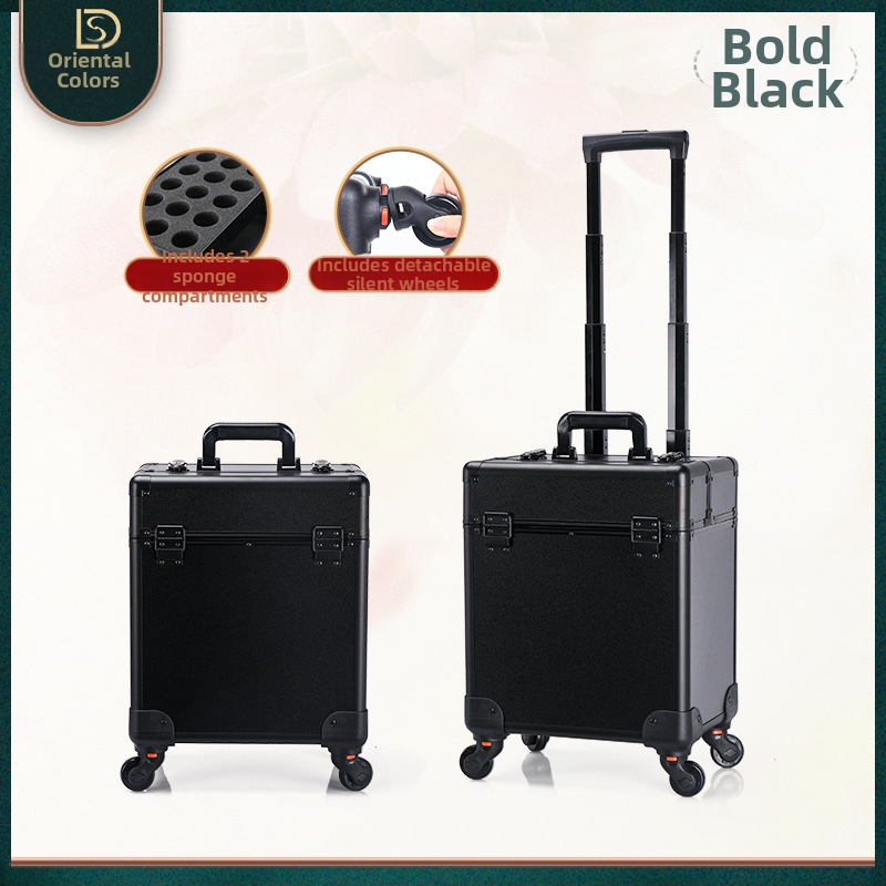 Kutija za šminku s vučnom ručkom, višeslojna konstrukcija, metalno tijelo, univerzalni kotačići, zaključavanje lokotom, proširivi sloj