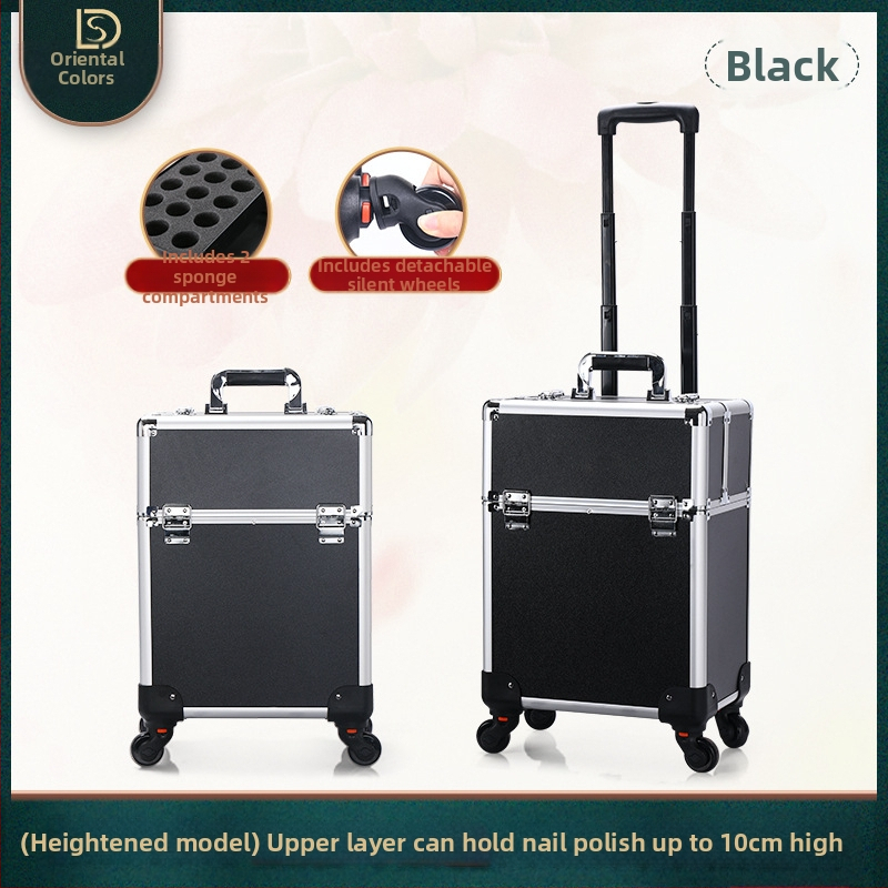 Kutija za šminku s vučnom ručkom, višeslojna konstrukcija, metalno tijelo, univerzalni kotačići, zaključavanje lokotom, proširivi sloj