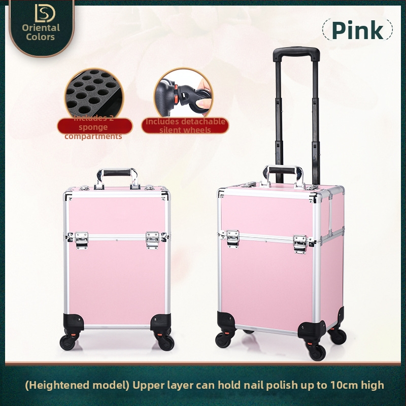 Kutija za šminku s vučnom ručkom, višeslojna konstrukcija, metalno tijelo, univerzalni kotačići, zaključavanje lokotom, proširivi sloj