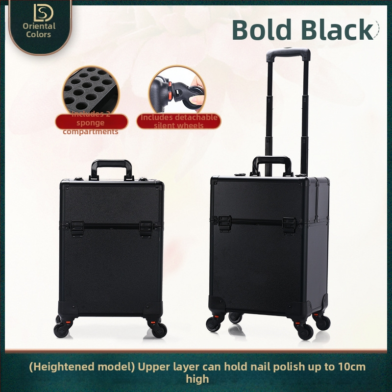 Kutija za šminku s vučnom ručkom, višeslojna konstrukcija, metalno tijelo, univerzalni kotačići, zaključavanje lokotom, proširivi sloj