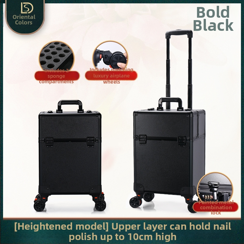 Kutija za šminku s vučnom ručkom, višeslojna konstrukcija, metalno tijelo, univerzalni kotačići, zaključavanje lokotom, proširivi sloj