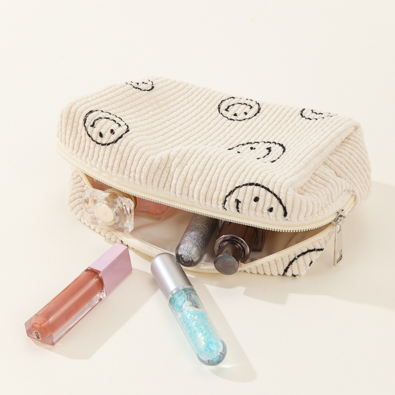 Geantă de cosmetică din corduroy, model geometric, căptușeală din poliester, spațiu de depozitare, stil urban simplu