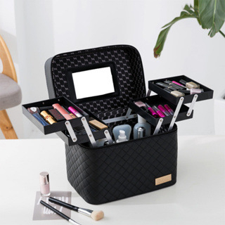 Двоен слой козметична чанта, PU кожа, бродирана решетеста шарка, подплата от найлон, голям капацитет