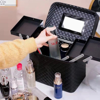 Двоен слой козметична чанта, PU кожа, бродирана решетеста шарка, подплата от найлон, голям капацитет