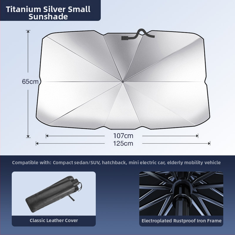 Automobilio saulės skydelis priekinio stiklo; titanio sidabro medžiaga; įrengimas „snap-in“; taikomos dalys: priekinės dalys; raštas: prekinio ženklo logotipas; logotipo spausdinimas galimas