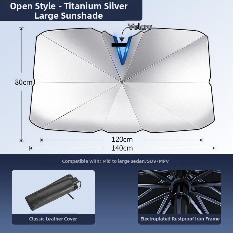 Automobilio saulės skydelis priekinio stiklo; titanio sidabro medžiaga; įrengimas „snap-in“; taikomos dalys: priekinės dalys; raštas: prekinio ženklo logotipas; logotipo spausdinimas galimas
