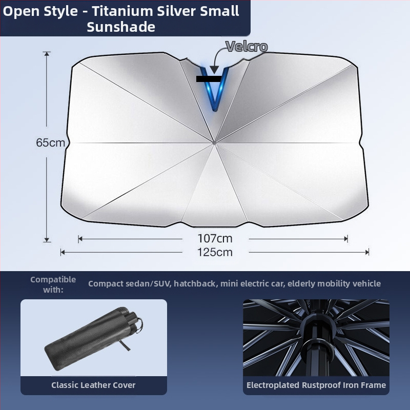 Automobilio saulės skydelis priekinio stiklo; titanio sidabro medžiaga; įrengimas „snap-in“; taikomos dalys: priekinės dalys; raštas: prekinio ženklo logotipas; logotipo spausdinimas galimas