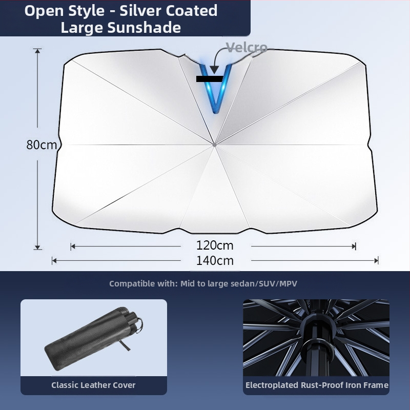 Automobilio saulės skydelis priekinio stiklo; titanio sidabro medžiaga; įrengimas „snap-in“; taikomos dalys: priekinės dalys; raštas: prekinio ženklo logotipas; logotipo spausdinimas galimas