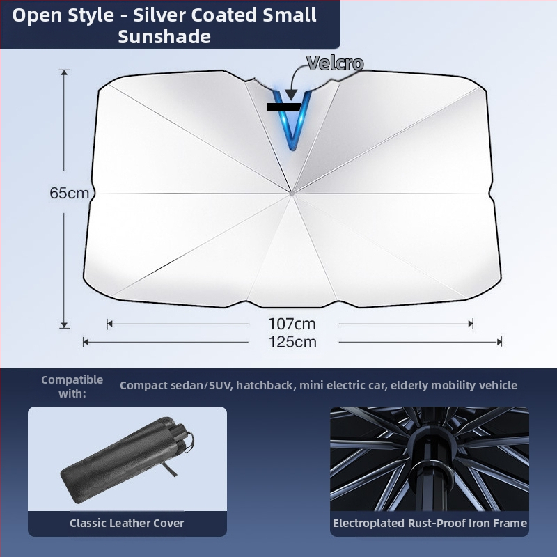Automobilio saulės skydelis priekinio stiklo; titanio sidabro medžiaga; įrengimas „snap-in“; taikomos dalys: priekinės dalys; raštas: prekinio ženklo logotipas; logotipo spausdinimas galimas