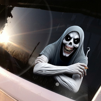 Autocolant 3D înfricoșător cu Secera Morții pentru mașină - impermeabil, cu adeziv de instalare pentru Halloween