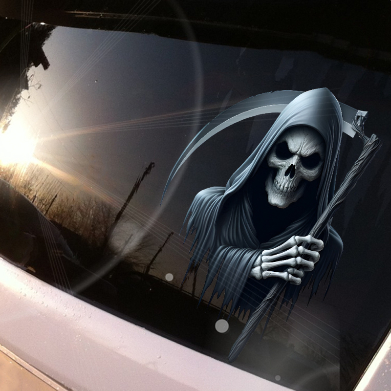 Autocolant 3D înfricoșător cu Secera Morții pentru mașină - impermeabil, cu adeziv de instalare pentru Halloween