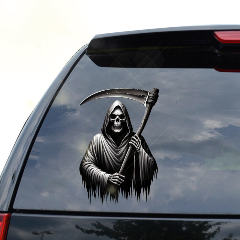 Autocolant 3D înfricoșător cu Secera Morții pentru mașină - impermeabil, cu adeziv de instalare pentru Halloween