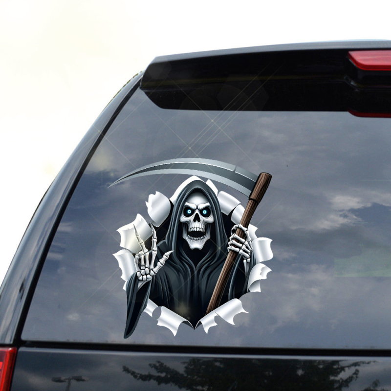 Autocolant 3D înfricoșător cu Secera Morții pentru mașină - impermeabil, cu adeziv de instalare pentru Halloween